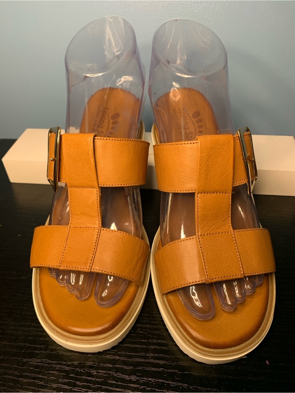 Spring Step Tan Leather Slide Sandals with Gold Accent - Picture 2 of 7